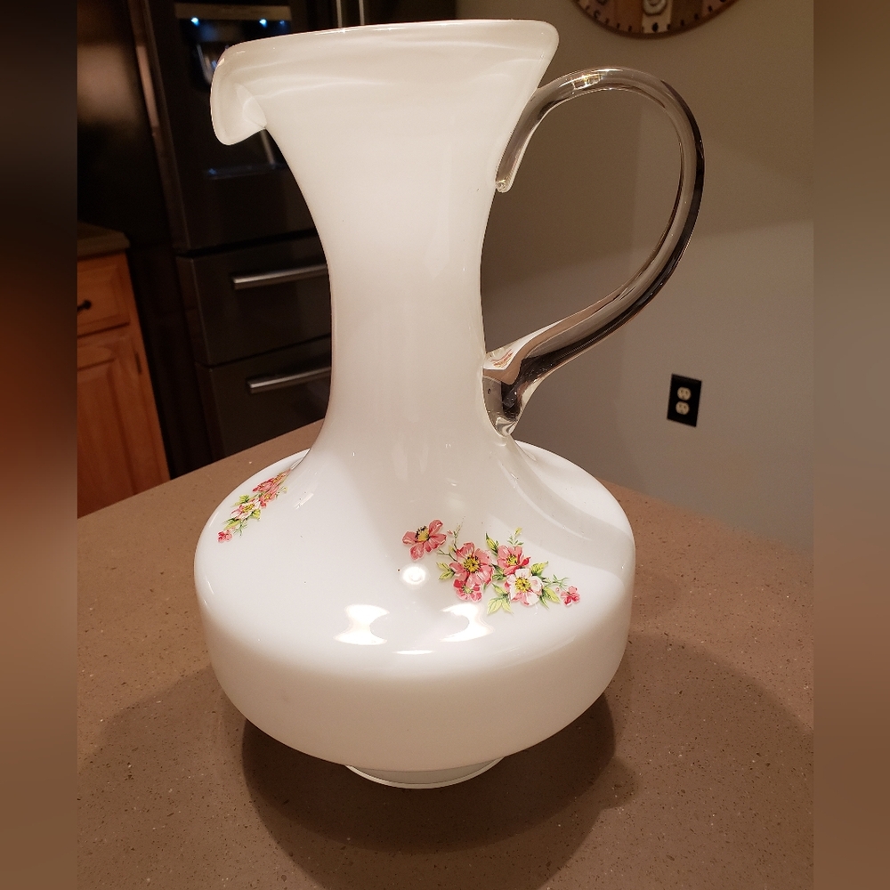 Vintage White Glass Pitcher With Floral Design